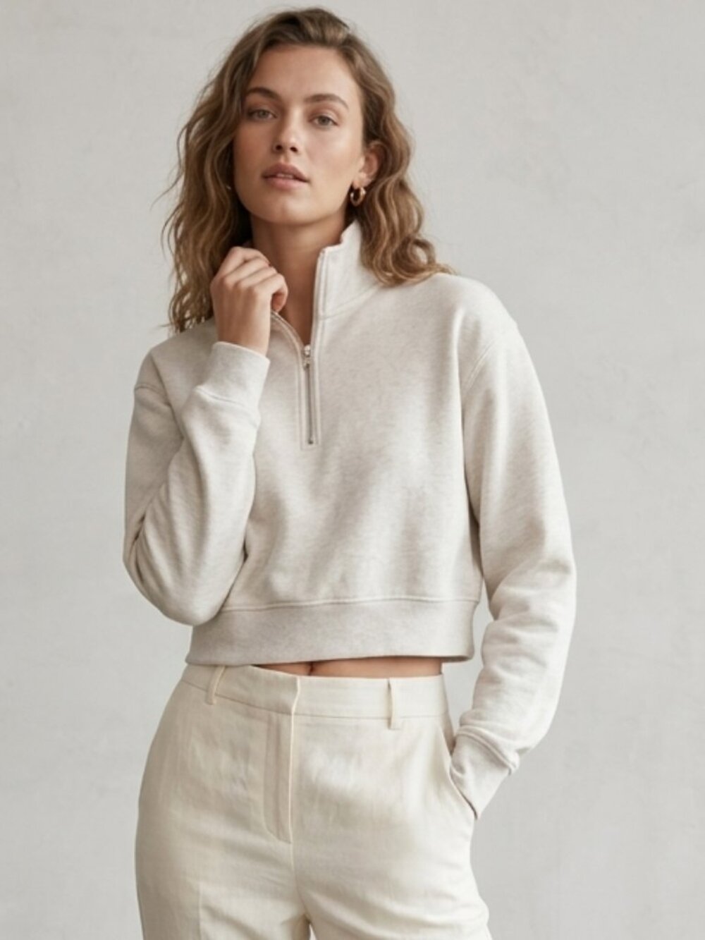 TNA Women's Size Medium Airy AF Heather Oatmeal Quarter Zip Cropped Sweatshirt